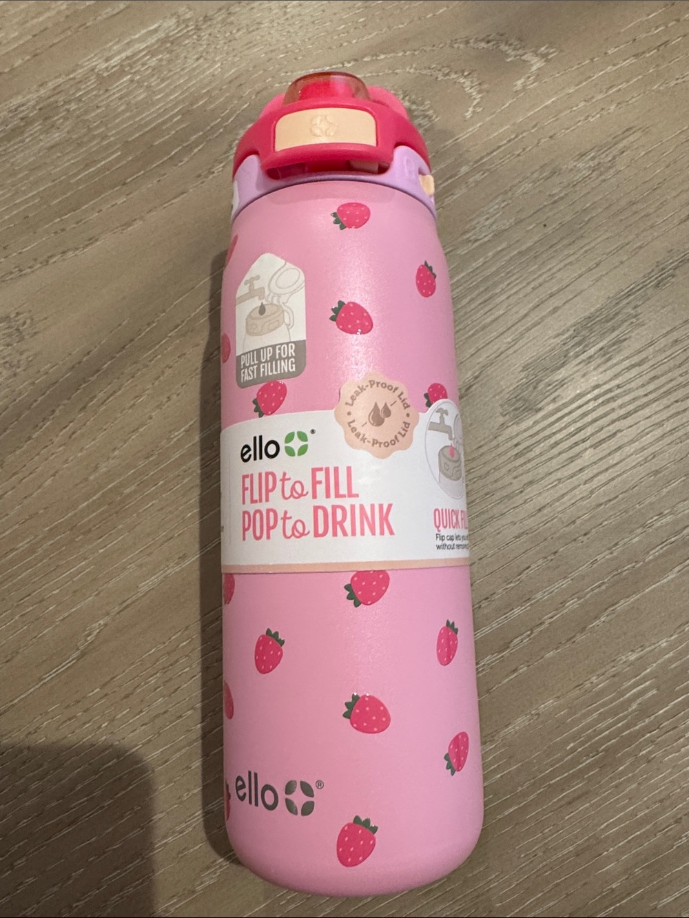 New Ello Pink Strawberry Flip-to-Fill Stainless Water Bottle